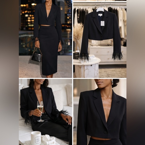 Wayf Jackets & Blazers - WAYF Kismit Black Feather Trim Cropped Jacket Blazer XS NWT Chic Statement